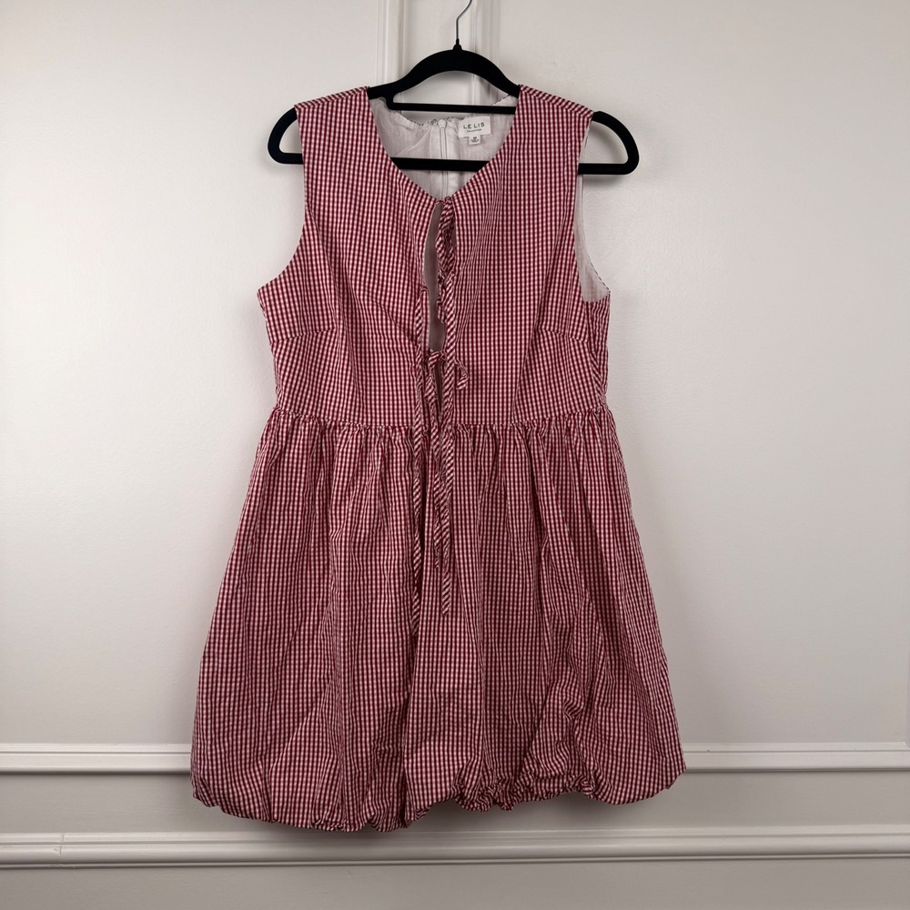 Le Lis Collection Red Gingham Bubble Hem Mini Dress Sleeveless Tie Front SD2920